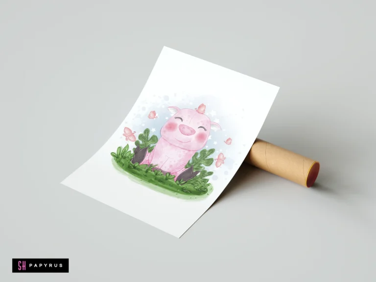 Whimsical watercolor illustration of a cute pink pig with butterflies and green leaves.