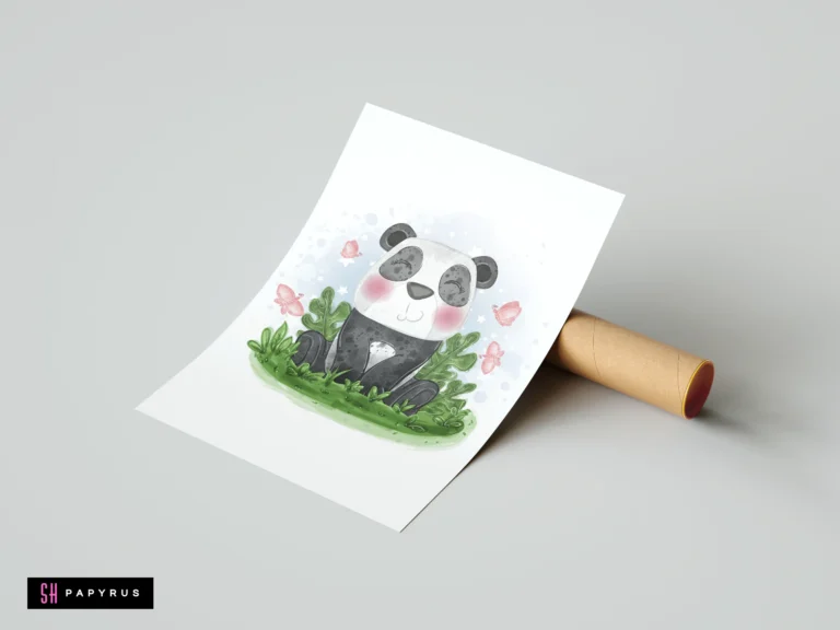 Watercolor baby panda with pink cheeks surrounded by butterflies and green leaves.