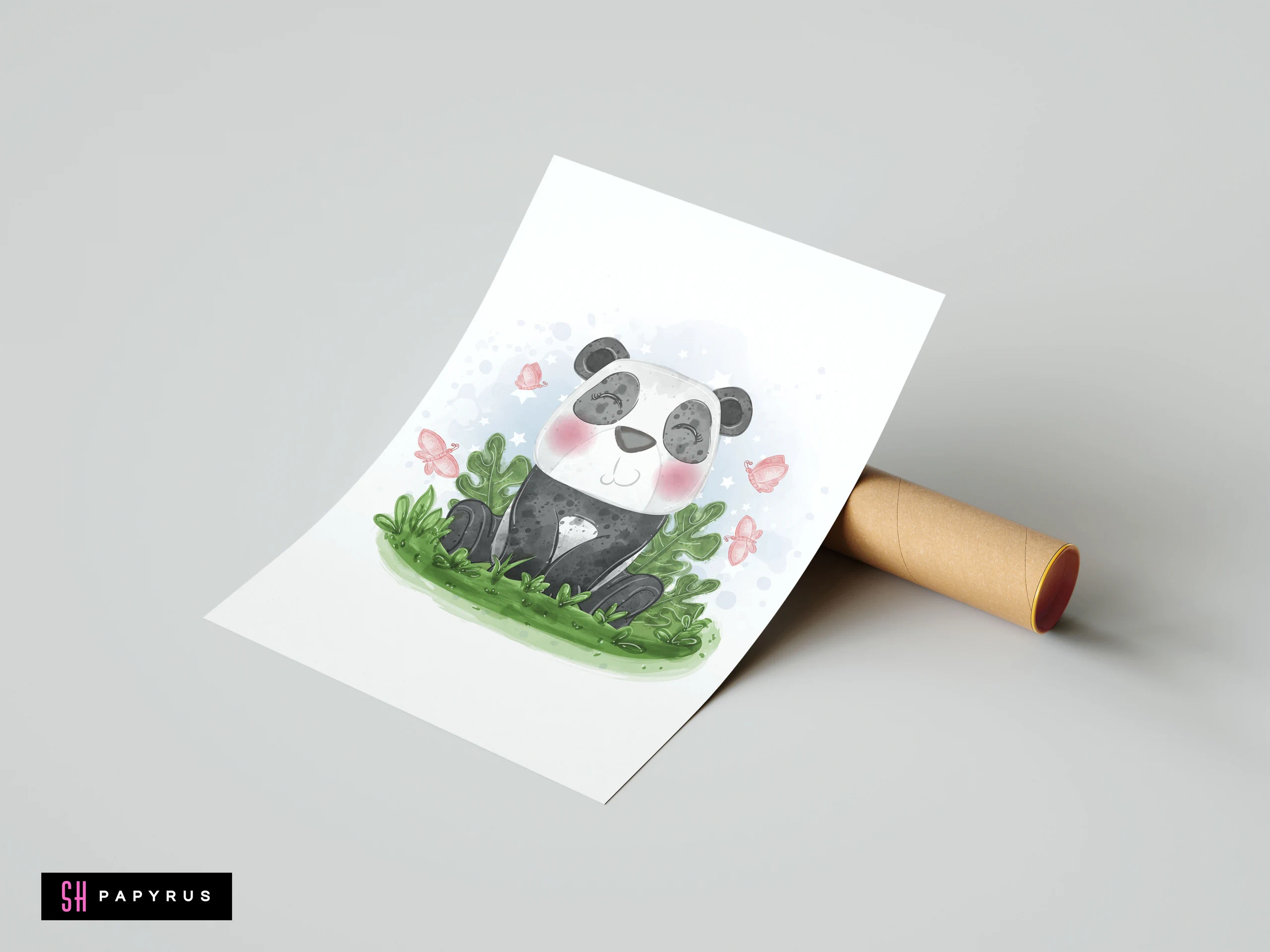 Watercolor baby panda with pink cheeks surrounded by butterflies and green leaves.