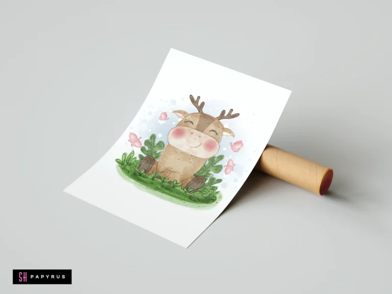 Whimsical watercolor deer sitting in green grass with pink butterflies, kids' woodland nursery art.