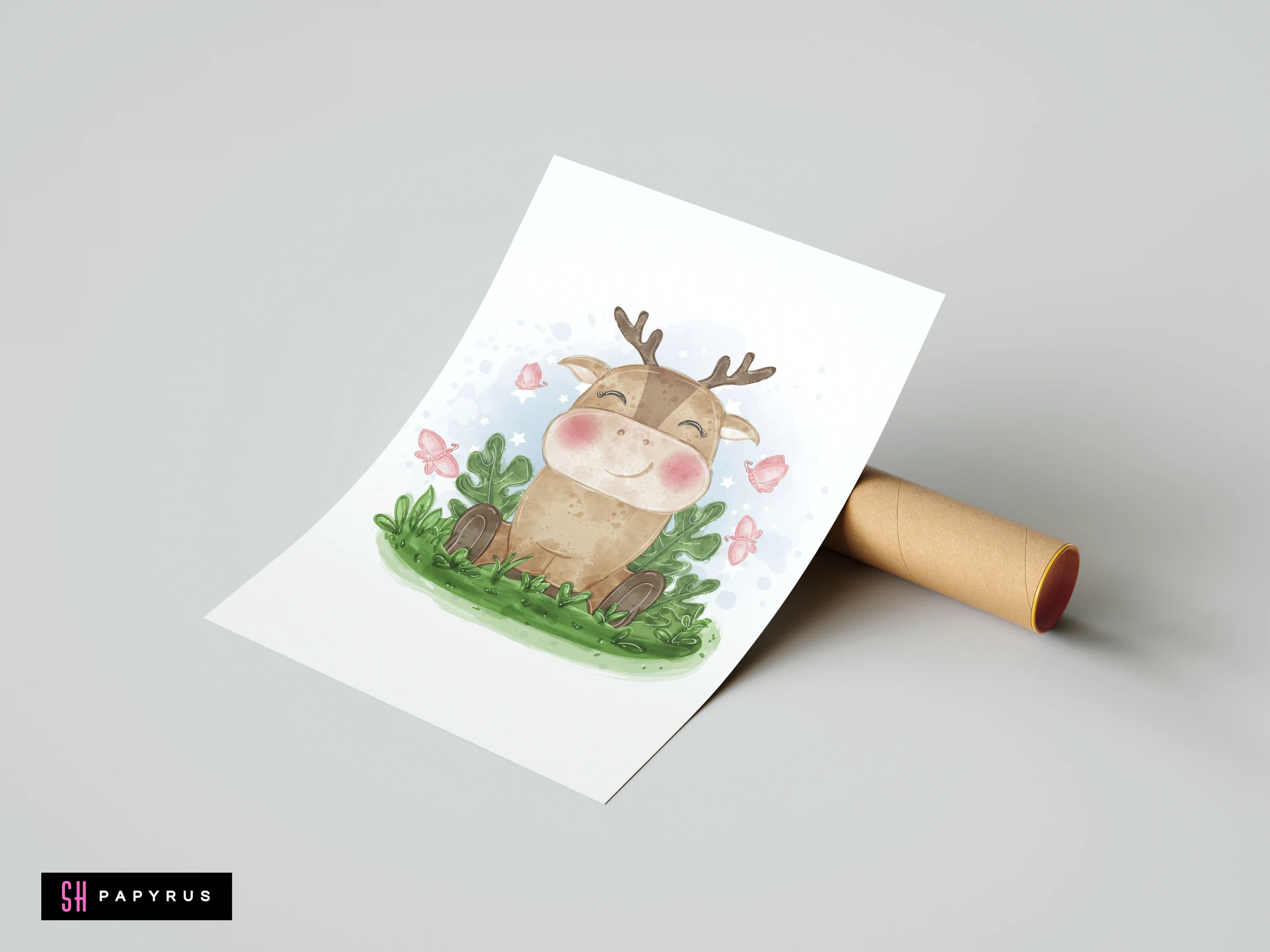 Whimsical watercolor deer sitting in green grass with pink butterflies, kids' woodland nursery art.
