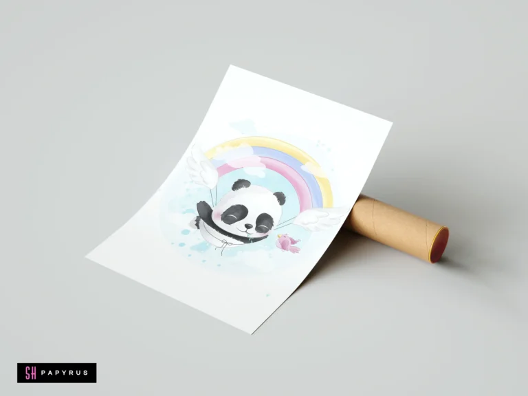 Watercolor nursery wall art of a cute flying panda with wings and a pastel rainbow.