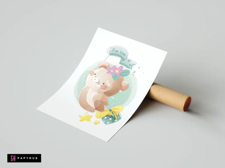 Watercolor bear art print with 'For You' banner and gift for nursery wall decor.