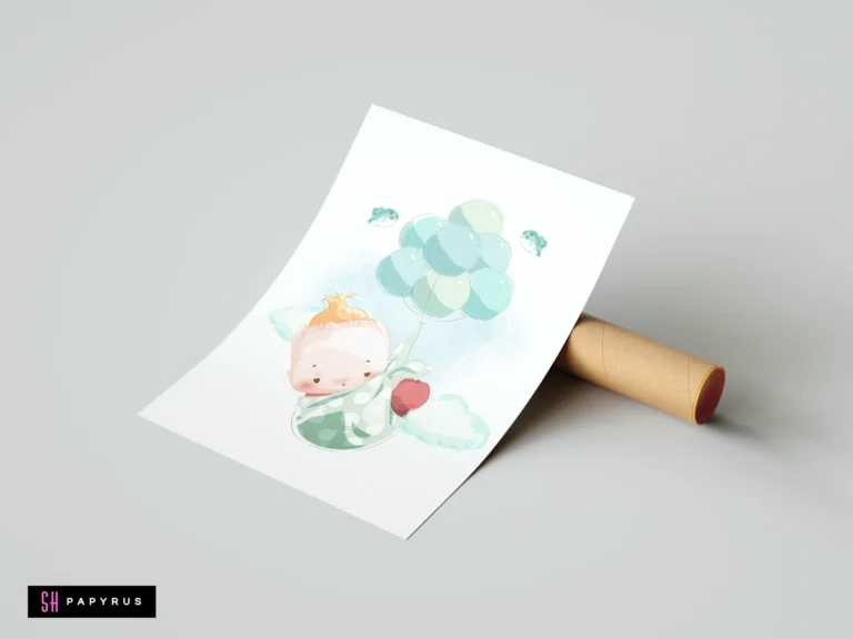 Whimsical watercolor nursery art of a baby swaddled and floating with pastel green balloons.