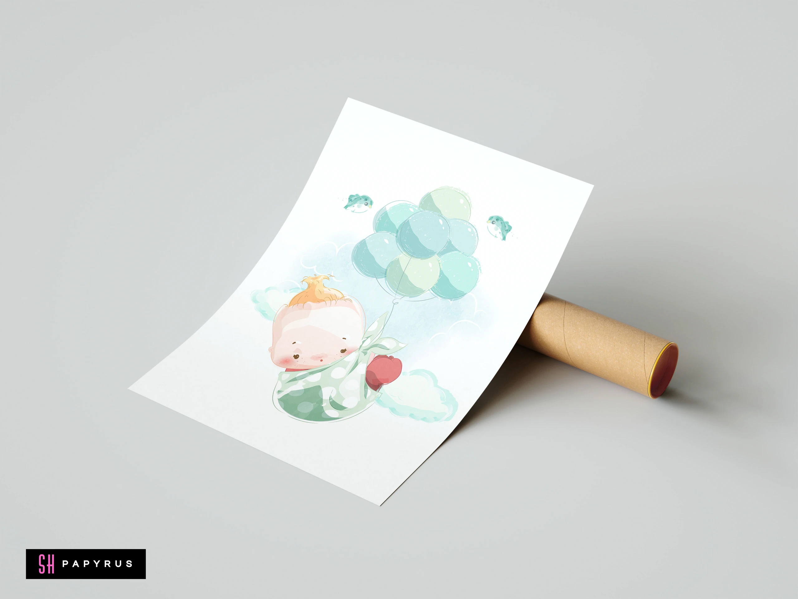 Whimsical watercolor nursery art of a baby swaddled and floating with pastel green balloons.