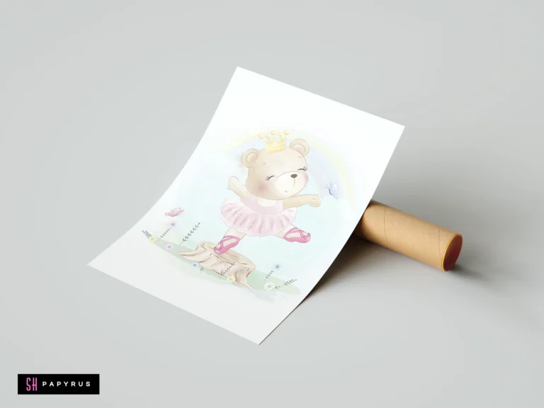 Cute bear ballerina watercolor art print with pink tutu and crown for nursery decor.