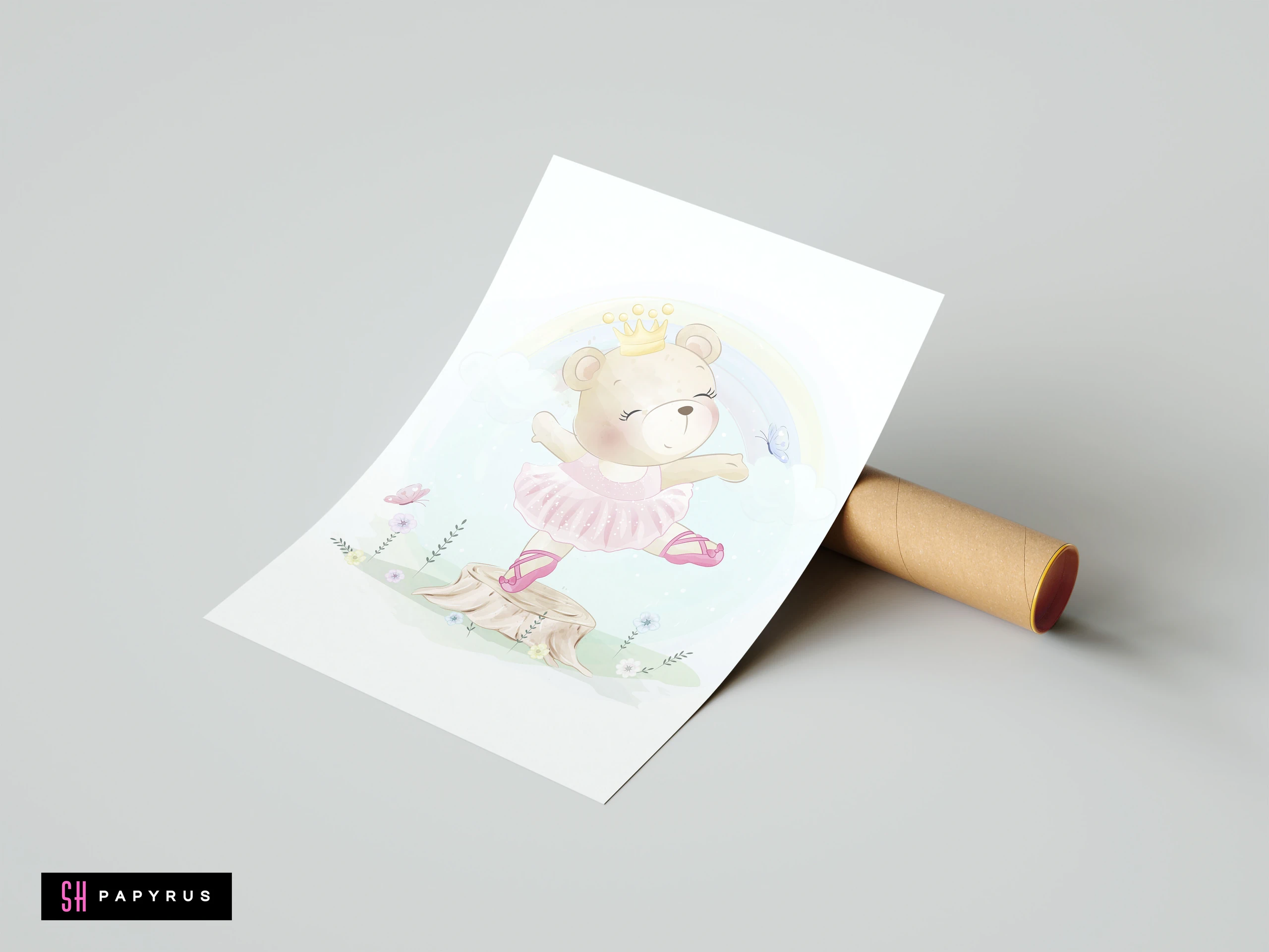 Cute bear ballerina watercolor art print with pink tutu and crown for nursery decor.