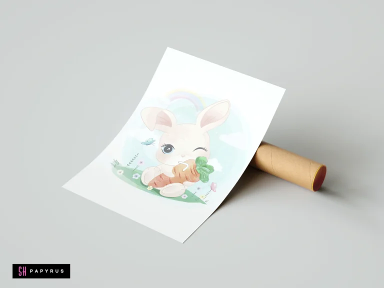 Watercolor nursery print featuring a cute winking bunny eating a carrot under a soft rainbow.