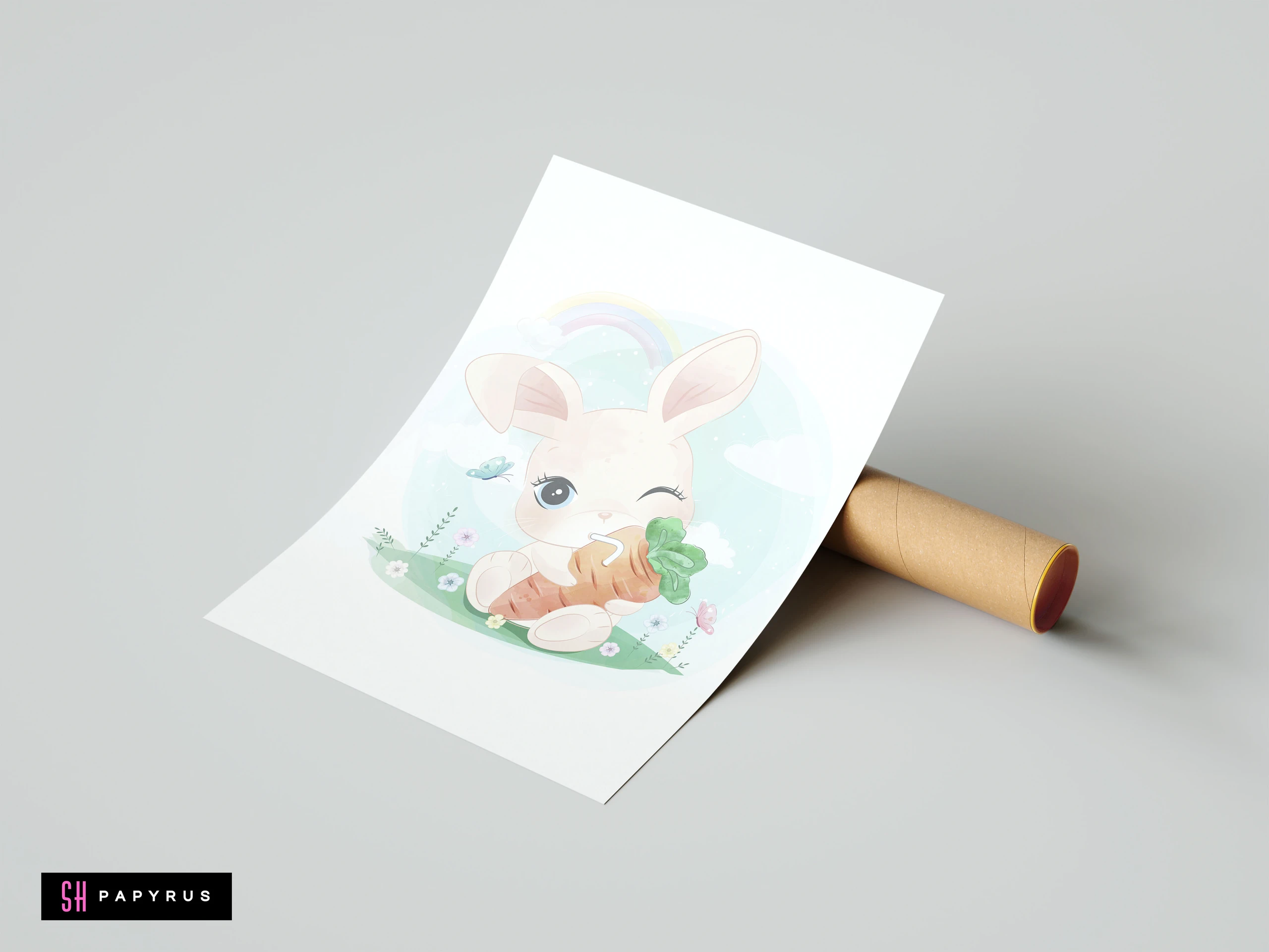 Watercolor nursery print featuring a cute winking bunny eating a carrot under a soft rainbow.