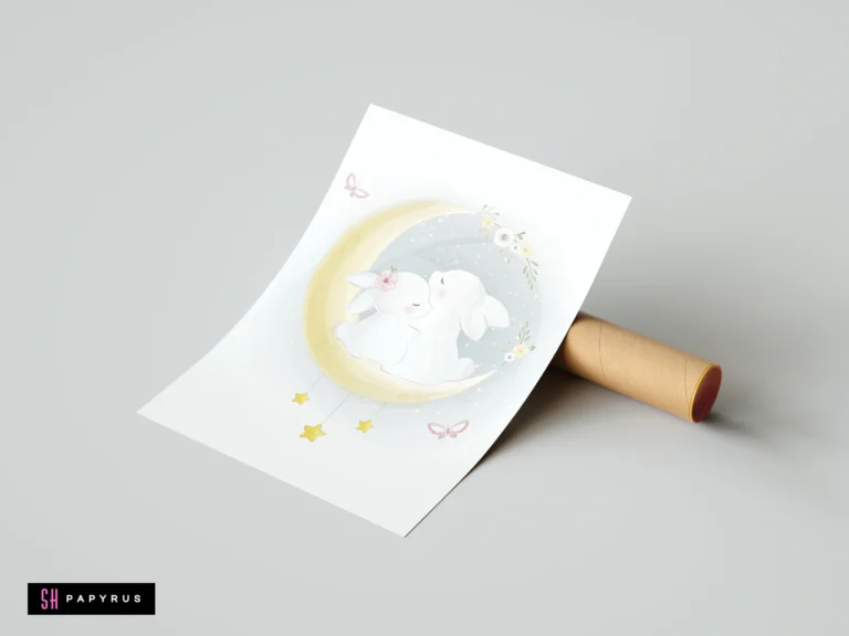 Watercolor nursery print of two white bunnies cuddling on a yellow crescent moon.