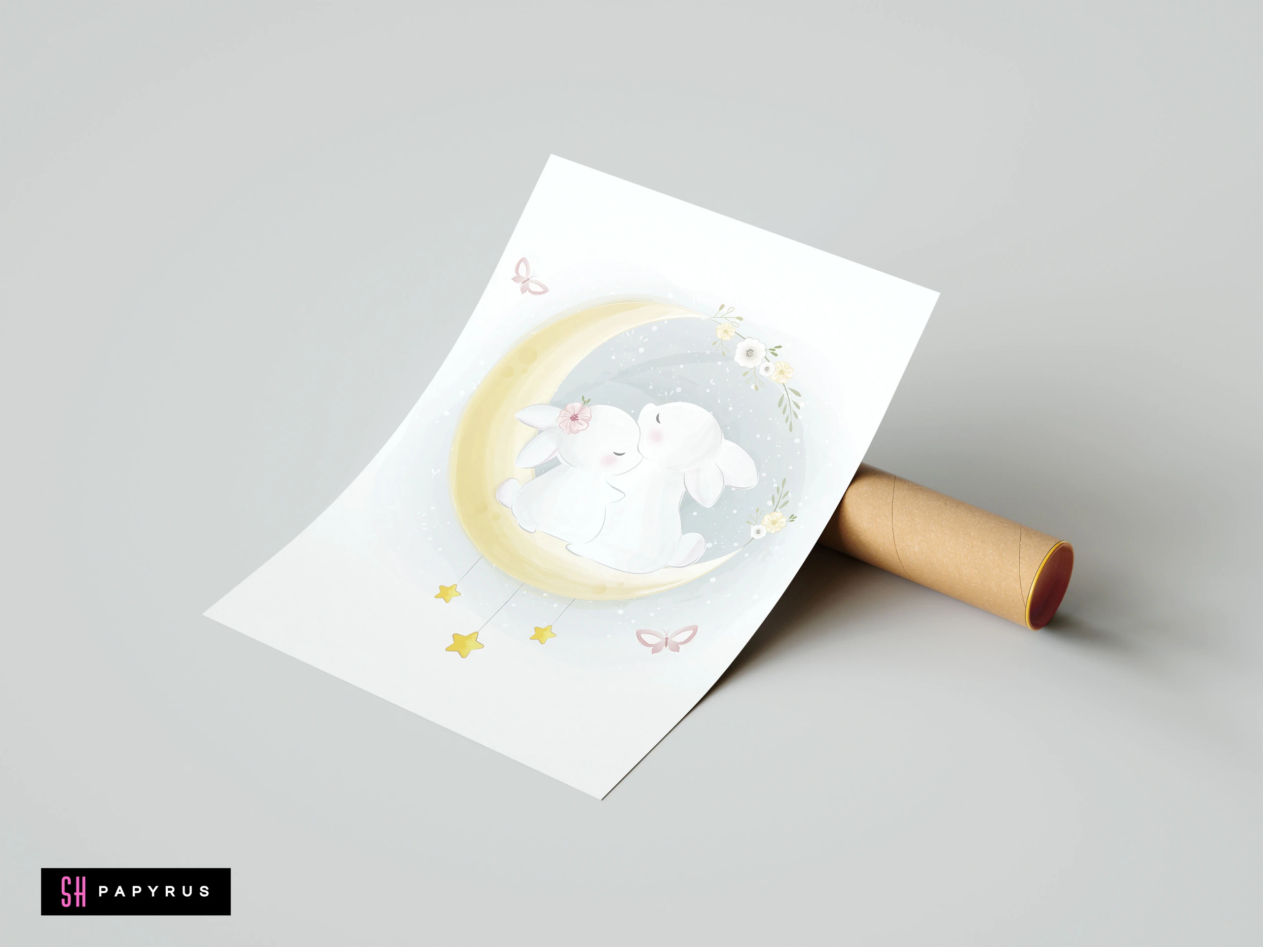 Watercolor nursery print of two white bunnies cuddling on a yellow crescent moon.