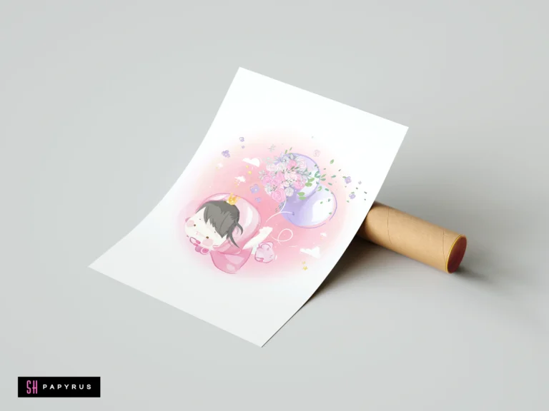 Whimsical watercolor nursery print of a girl hero in pink cape with floral balloons.