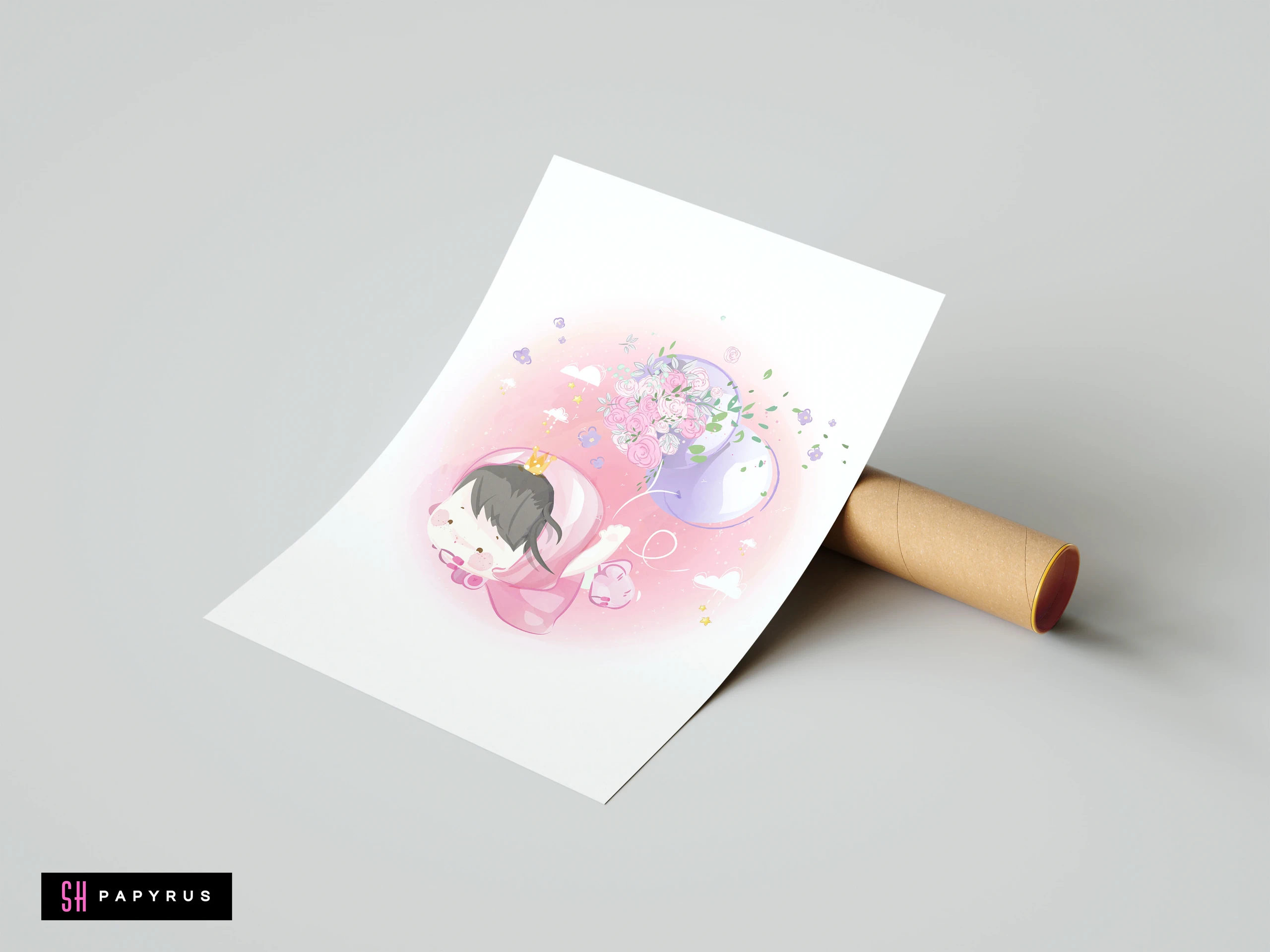 Whimsical watercolor nursery print of a girl hero in pink cape with floral balloons.