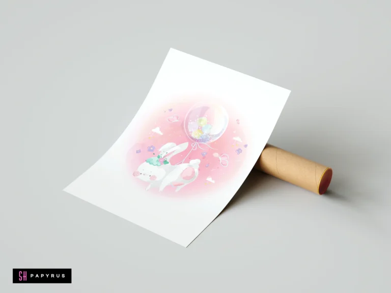 Whimsical watercolor nursery print of a white bunny flying with a transparent pastel balloon.