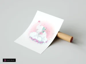 Whimsical watercolor print of a white elephant on a cloud with pink roses and butterflies.