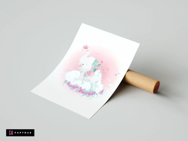 Whimsical watercolor print of a white elephant on a cloud with pink roses and butterflies.