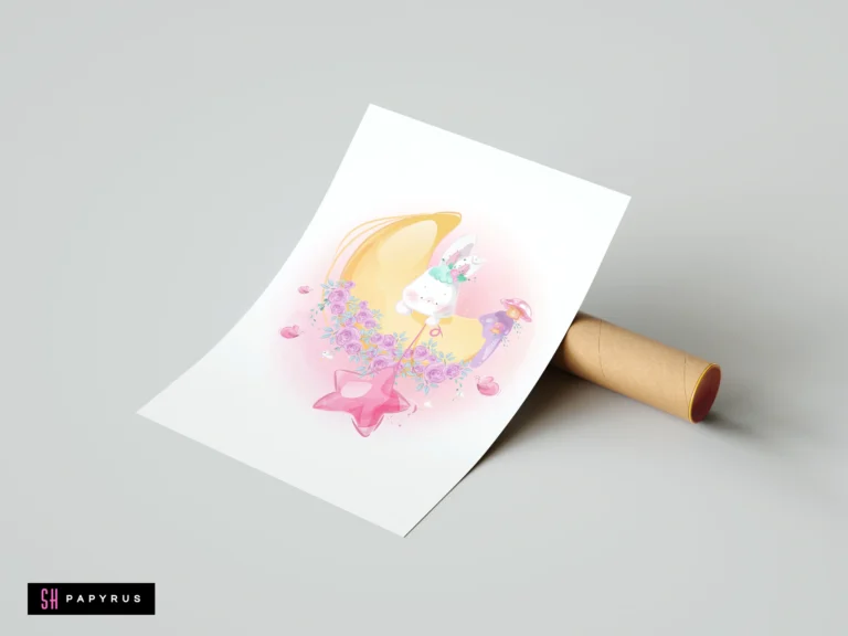 Whimsical watercolor nursery print featuring a white bunny on a crescent moon with pink star.