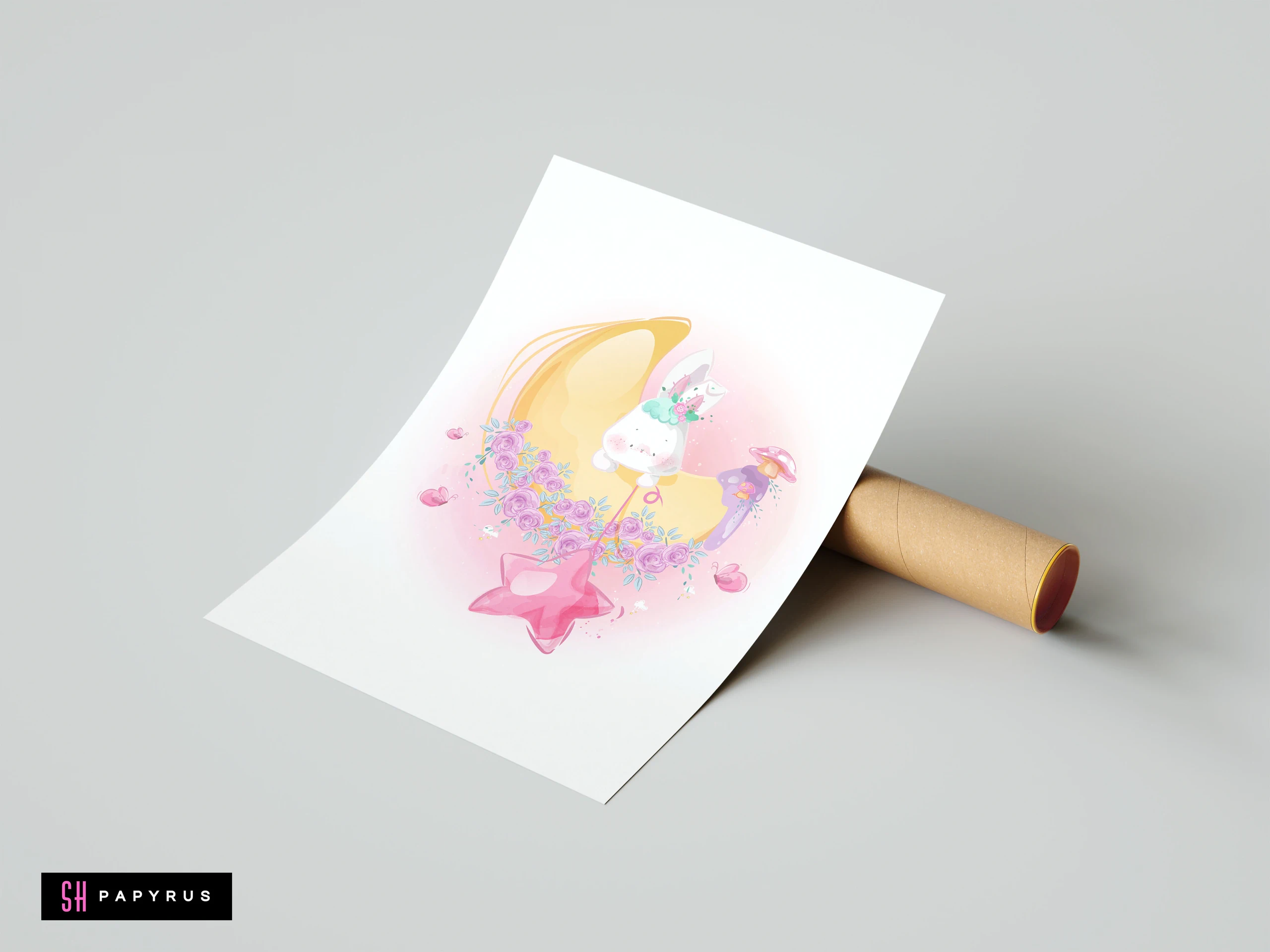 Whimsical watercolor nursery print featuring a white bunny on a crescent moon with pink star.