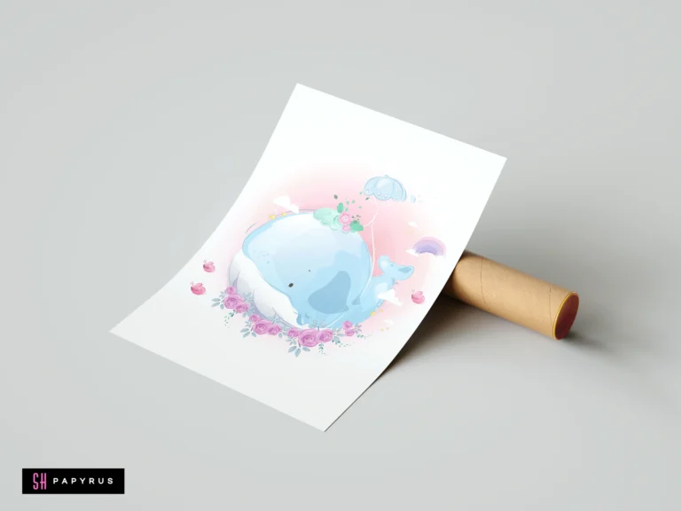 Watercolor blue whale nursery art print with pink flowers and a parachute.