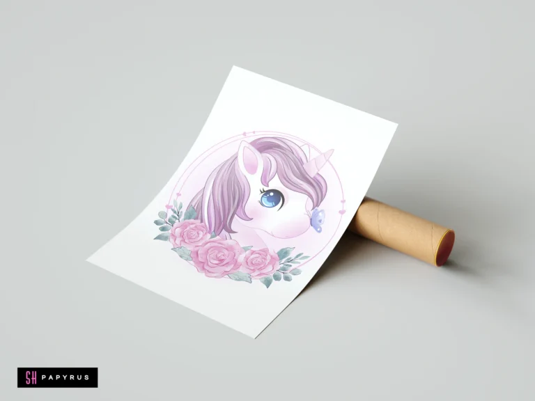Watercolor unicorn portrait with pink roses and blue butterfly nursery art print.