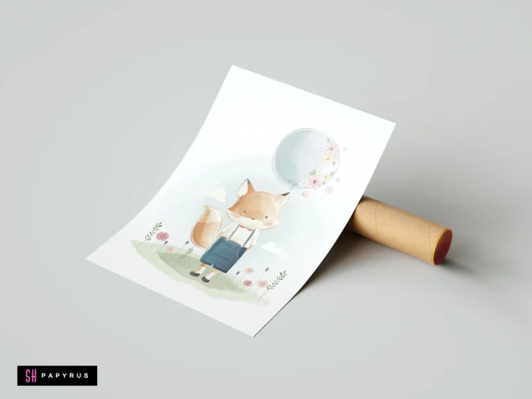 Whimsical pastel watercolor nursery print of a fox in suspenders holding a floral balloon.