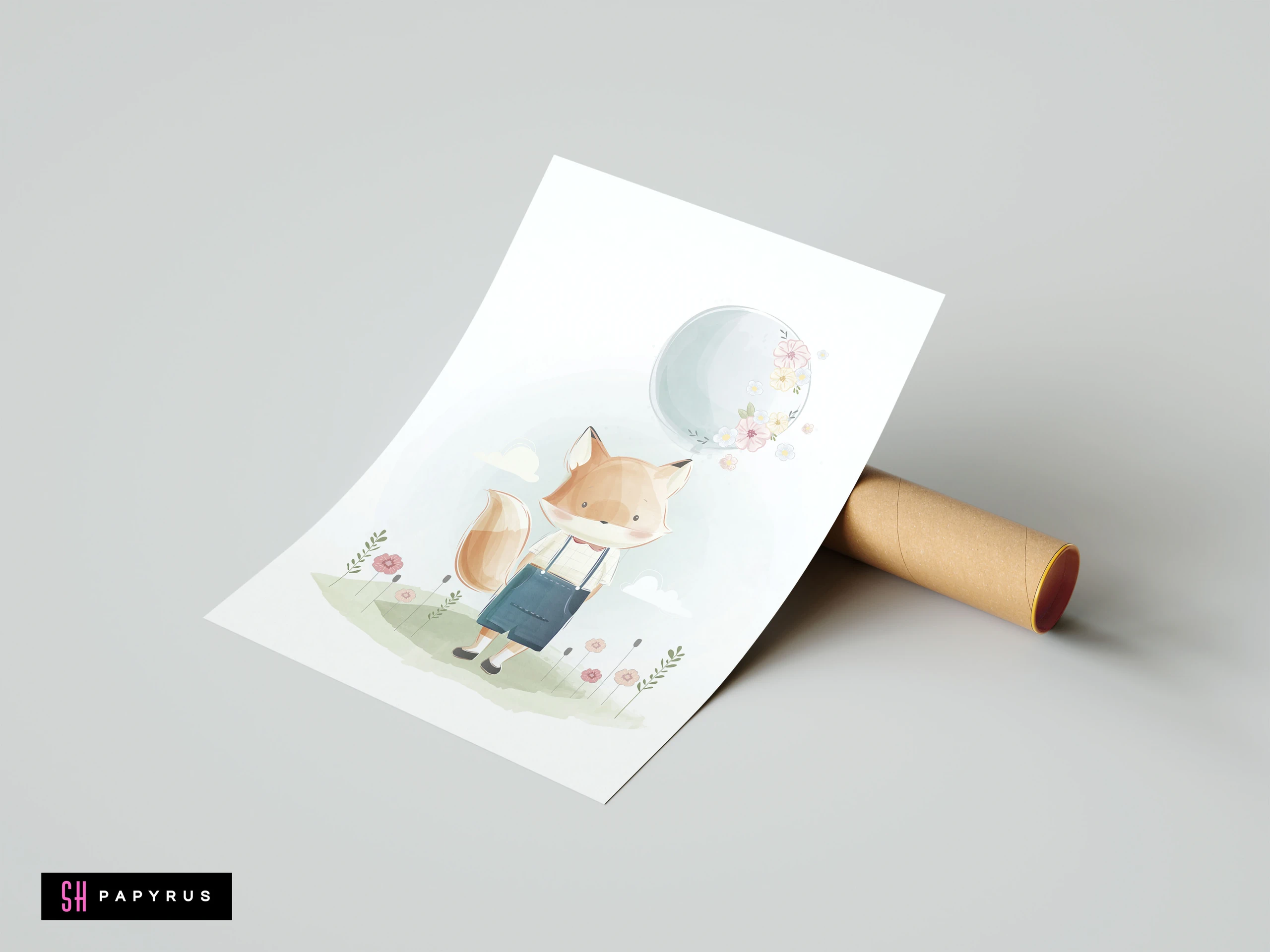 Whimsical pastel watercolor nursery print of a fox in suspenders holding a floral balloon.