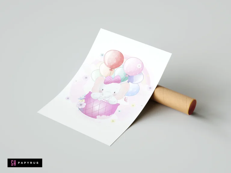 Watercolor nursery print of a cute baby elephant in a pastel hot air balloon.