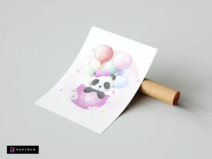Watercolor nursery print featuring a cute panda in a pastel hot air balloon.