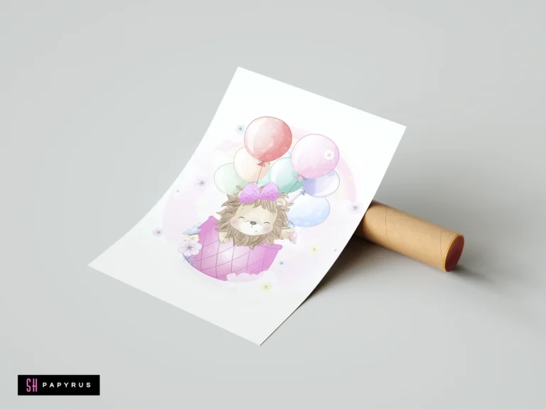 Watercolor nursery art print of a cute lion in a pink hot air balloon.