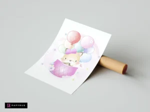 Pastel watercolor nursery print of a cute fox in a hot air balloon basket.