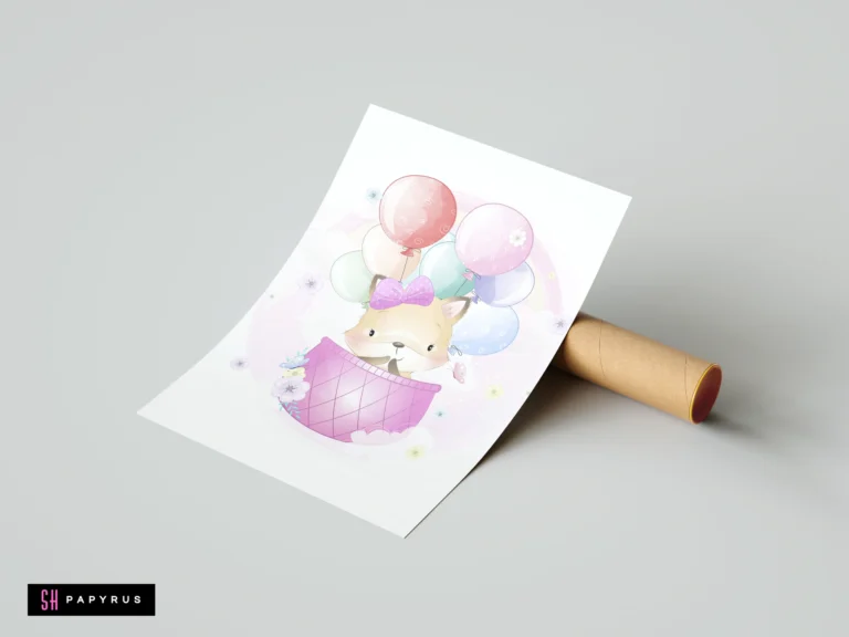 Pastel watercolor nursery print of a cute fox in a hot air balloon basket.
