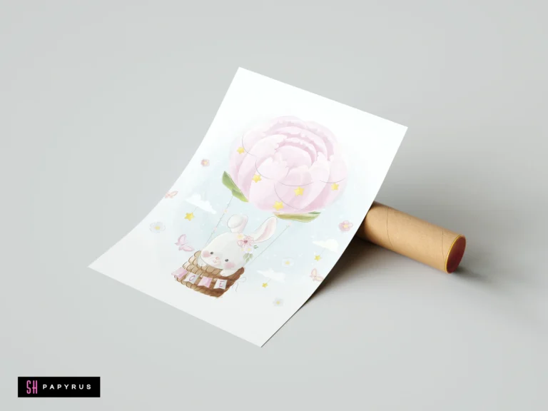 Watercolor nursery art print of a bunny in a pink peony flower hot air balloon.
