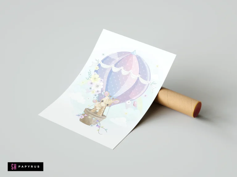 Whimsical watercolor nursery art of giraffes in a pastel purple and pink hot air balloon.