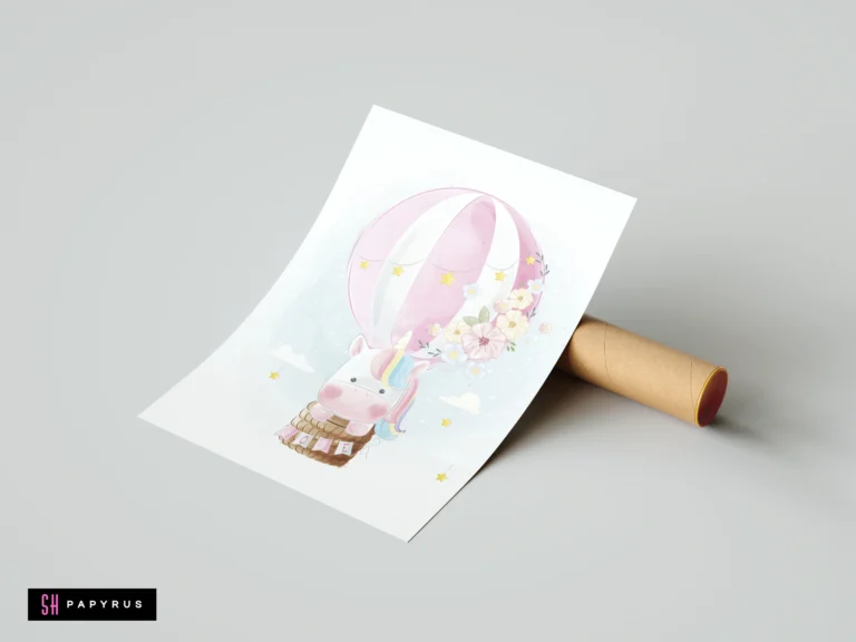 Watercolor nursery print of a cute pink unicorn in a floral hot air balloon.