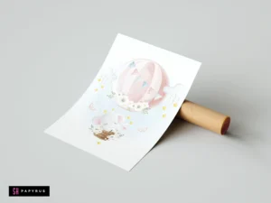Watercolor nursery art print of an elephant and bunny in a pink hot air balloon.