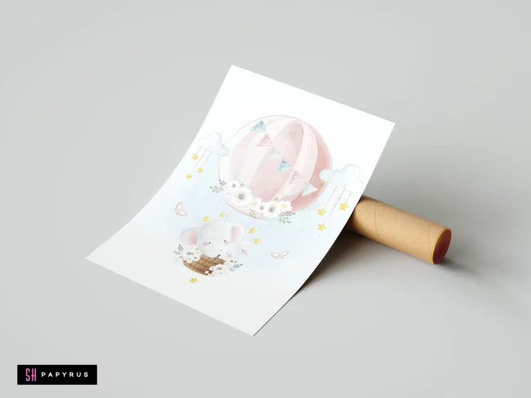 Watercolor nursery art print of an elephant and bunny in a pink hot air balloon.