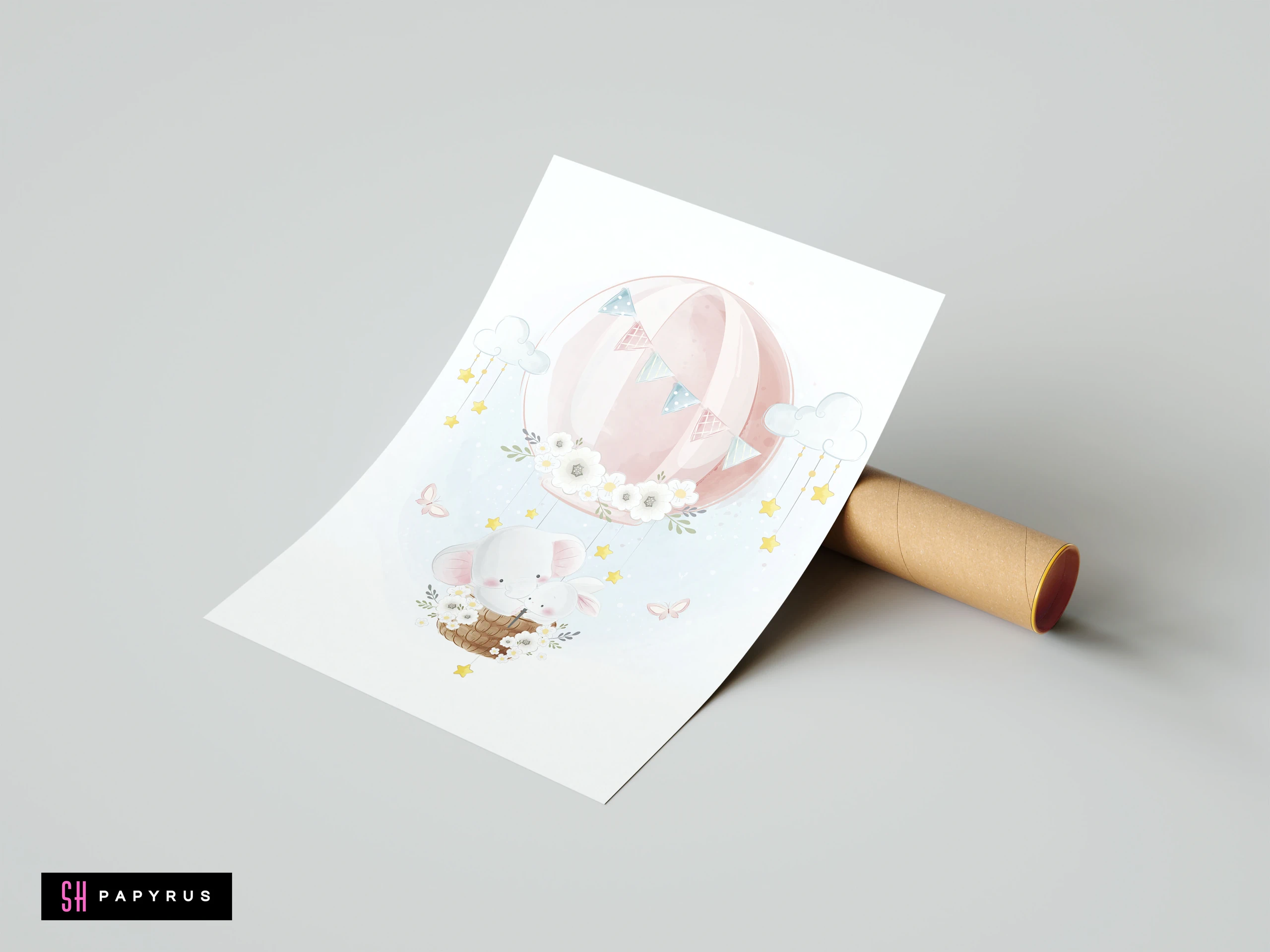 Watercolor nursery art print of an elephant and bunny in a pink hot air balloon.