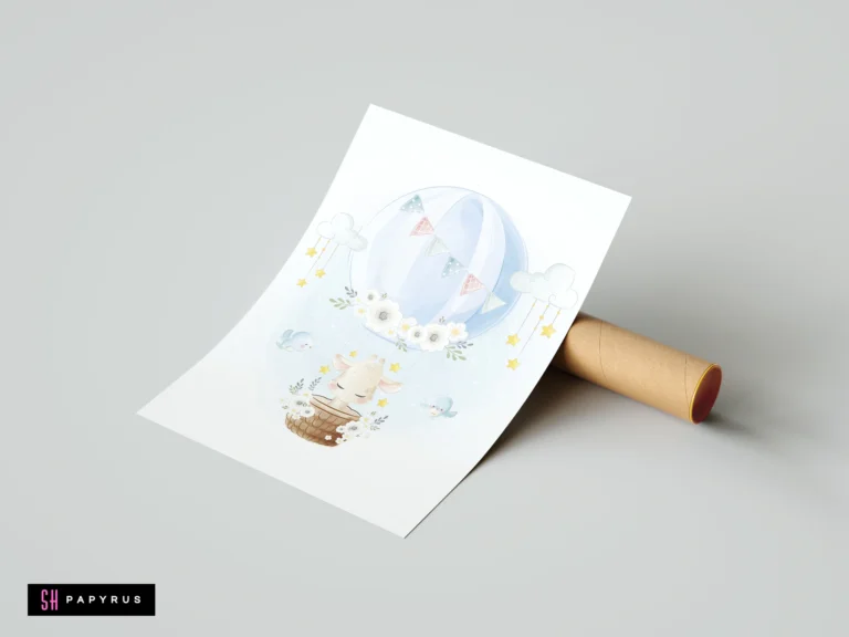 Soft watercolor nursery print featuring a baby giraffe in a blue hot air balloon.