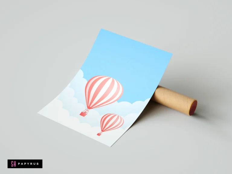 Minimalist nursery art print featuring red and white hot air balloons in a blue sky.