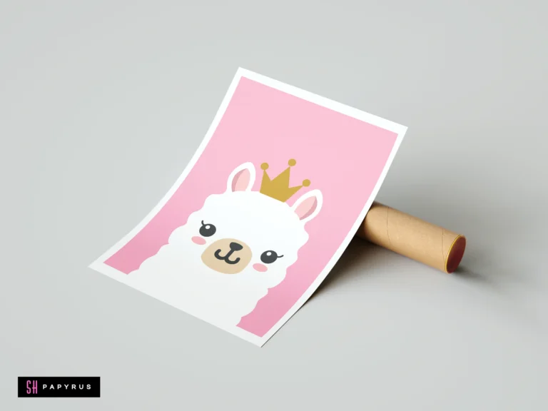 Minimalist white llama portrait with gold crown on pink background nursery wall art.