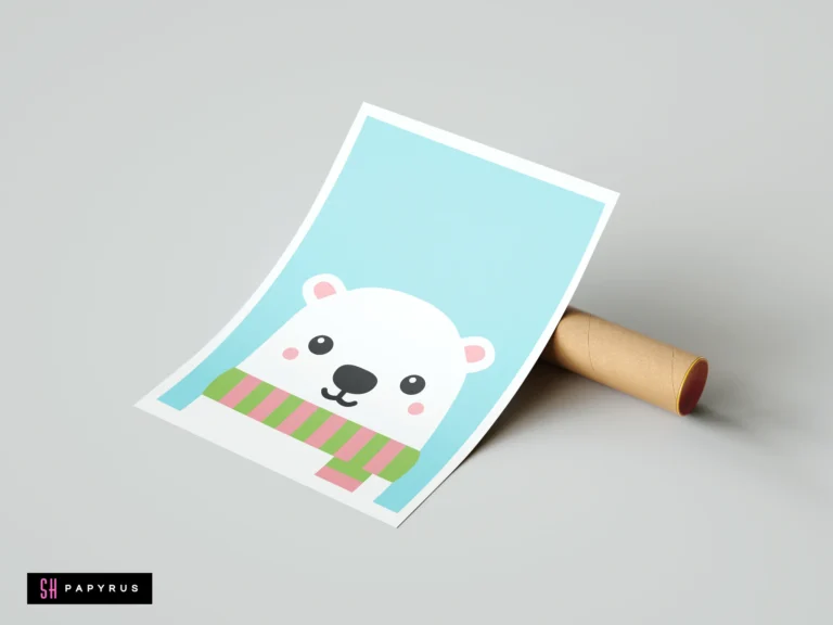 Cute polar bear nursery wall art print with a pink and green striped scarf.