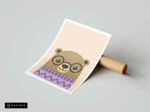 Cute brown bear wearing glasses and a purple sweater, minimalist nursery art print.