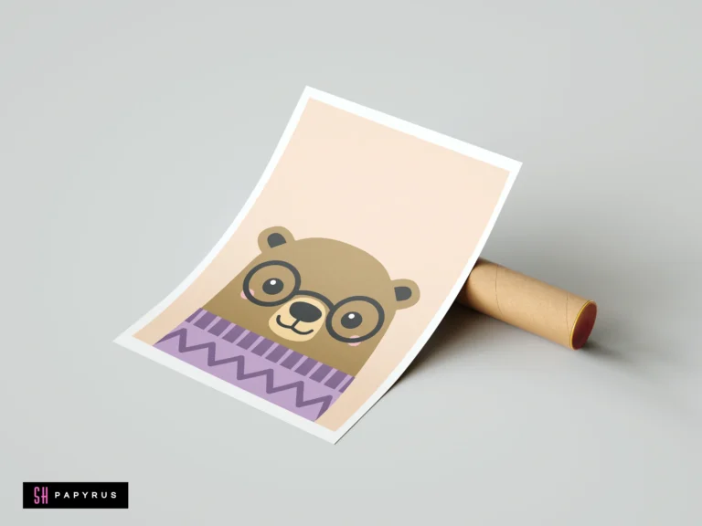 Cute brown bear wearing glasses and a purple sweater, minimalist nursery art print.