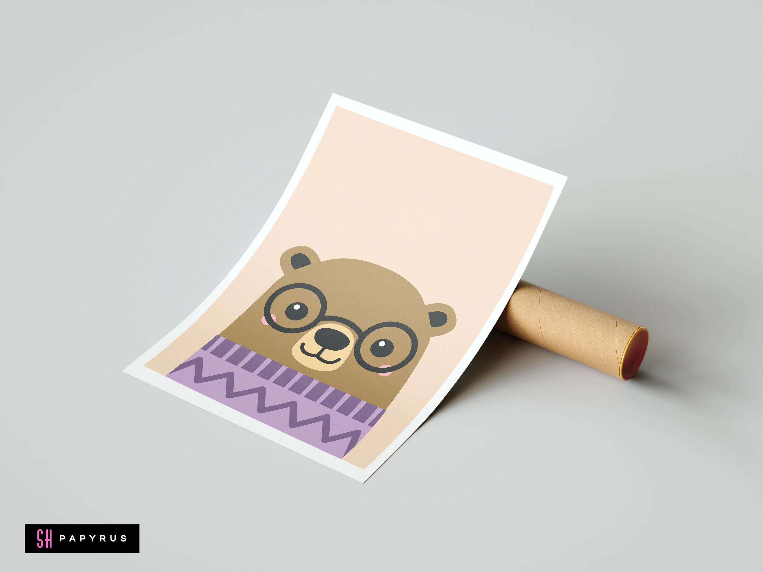 Cute brown bear wearing glasses and a purple sweater, minimalist nursery art print.