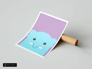 Cute blue monster art print with tusks on a lavender background for nursery decor.