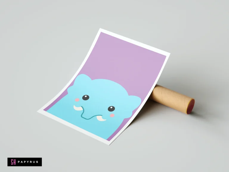 Cute blue monster art print with tusks on a lavender background for nursery decor.