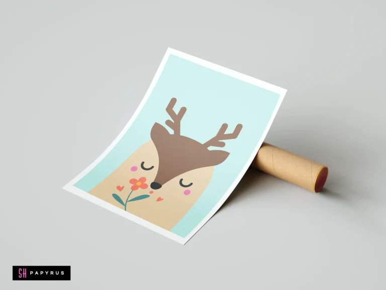 Whimsical nursery art print of a cute deer with antlers and a small flower.