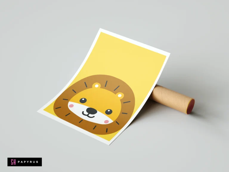 Minimalist cute lion face nursery art print on a yellow background with brown mane.
