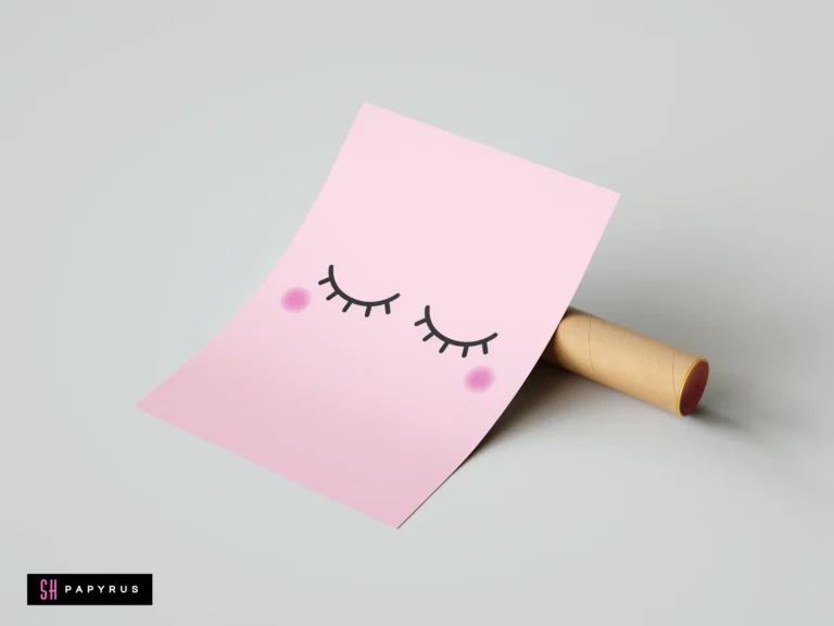 Minimalist nursery print featuring closed eyelashes and rosy cheeks on a soft pink background.