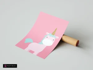 Minimalist pink unicorn nursery art print with a gold glitter horn and blue mane.